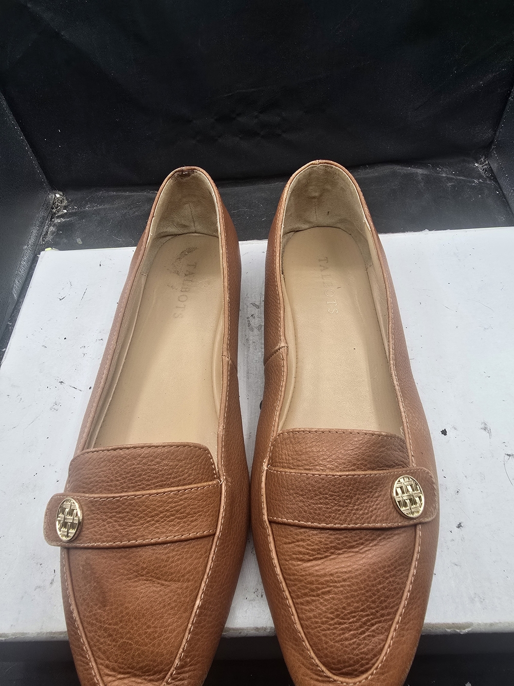 Talbots‎ Cognac Leather Penny Loafers with Gold Emblem